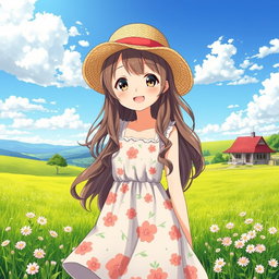 A charming anime country girl with a bright smile, wearing a cute sundress with floral patterns