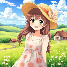 A charming anime country girl with a bright smile, wearing a cute sundress with floral patterns