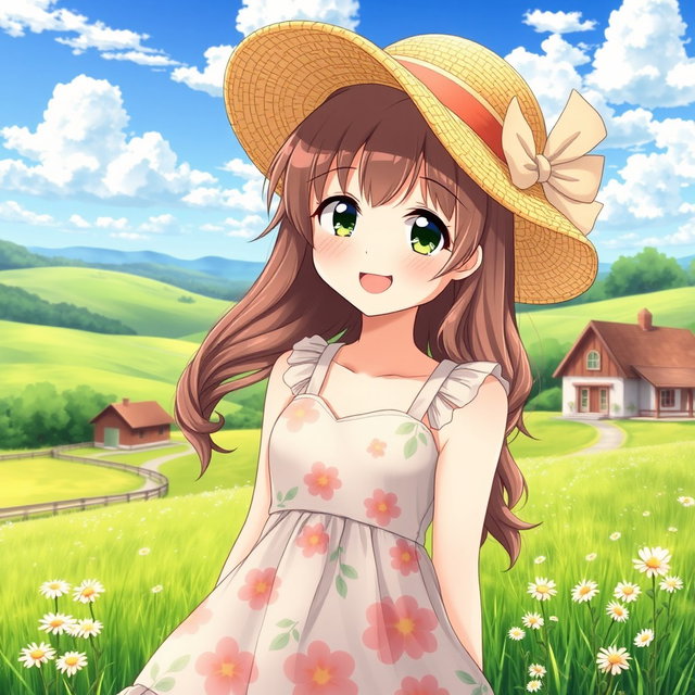 A charming anime country girl with a bright smile, wearing a cute sundress with floral patterns