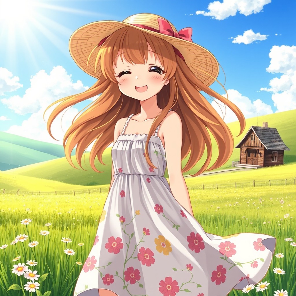 A delightful anime country girl standing in a sunlit field, wearing a charming, flowing sundress adorned with floral patterns