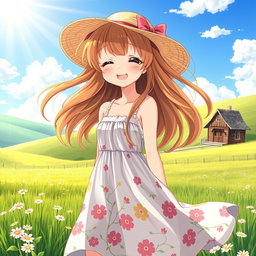 A delightful anime country girl standing in a sunlit field, wearing a charming, flowing sundress adorned with floral patterns