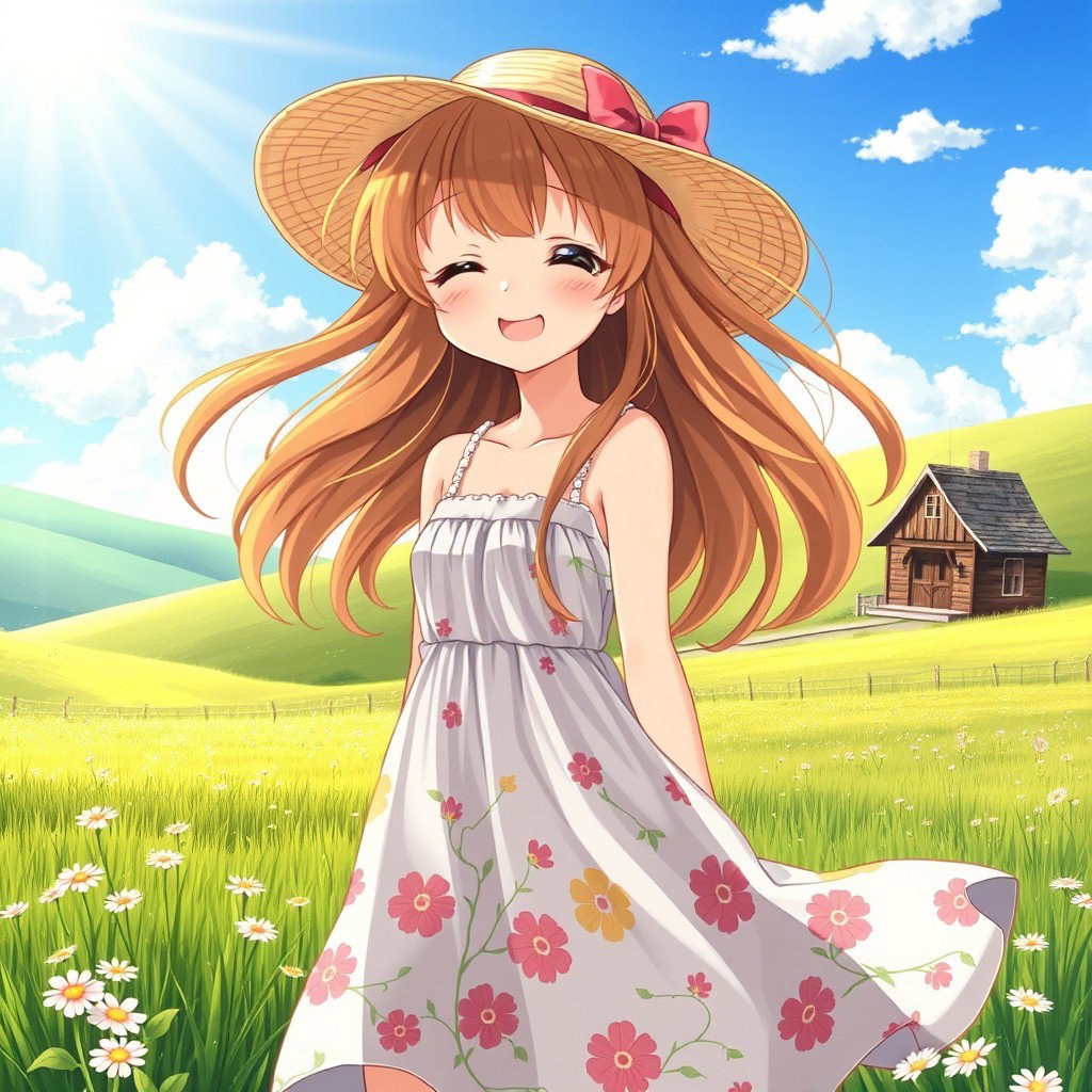 A delightful anime country girl standing in a sunlit field, wearing a charming, flowing sundress adorned with floral patterns