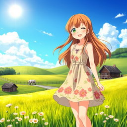 A delightful anime country girl standing in a sunlit field, wearing a charming, flowing sundress adorned with floral patterns
