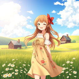 A delightful anime country girl standing in a sunlit field, wearing a charming, flowing sundress adorned with floral patterns