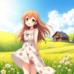 A delightful anime country girl standing in a sunlit field, wearing a charming, flowing sundress adorned with floral patterns