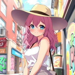 A stylish anime girl wearing a trendy wide-brimmed hat that casts a playful shadow over her face