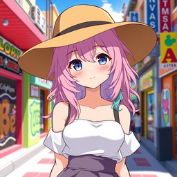 A stylish anime girl wearing a trendy wide-brimmed hat that casts a playful shadow over her face