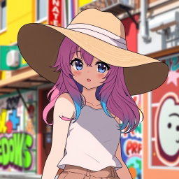 A stylish anime girl wearing a trendy wide-brimmed hat that casts a playful shadow over her face