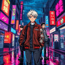 A vibrant poster titled 'Gan Ana Ki' (ガンアナキ), showcasing a rain-slick Shinjuku backstreet at night, illuminated by glowing neon signs in vivid pinks, blues, and deep reds reflected on the wet pavement