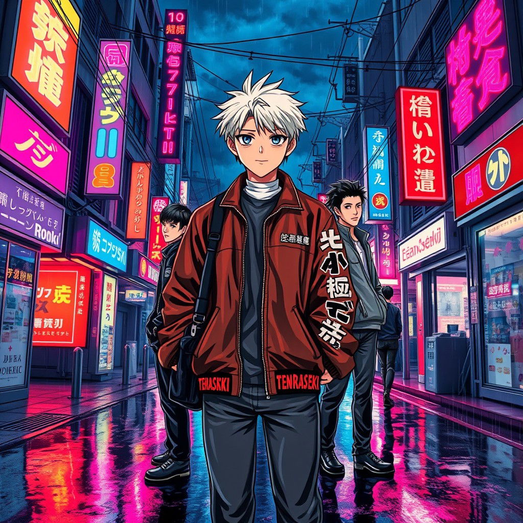 A vibrant poster titled 'Gan Ana Ki' (ガンアナキ), showcasing a rain-slick Shinjuku backstreet at night, illuminated by glowing neon signs in vivid pinks, blues, and deep reds reflected on the wet pavement