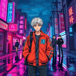 A vibrant poster titled 'Gan Ana Ki' (ガンアナキ), showcasing a rain-slick Shinjuku backstreet at night, illuminated by glowing neon signs in vivid pinks, blues, and deep reds reflected on the wet pavement