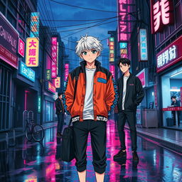 A vibrant poster titled 'Gan Ana Ki' (ガンアナキ), showcasing a rain-slick Shinjuku backstreet at night, illuminated by glowing neon signs in vivid pinks, blues, and deep reds reflected on the wet pavement