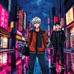 A vibrant poster titled 'Gan Ana Ki' (ガンアナキ), showcasing a rain-slick Shinjuku backstreet at night, illuminated by glowing neon signs in vivid pinks, blues, and deep reds reflected on the wet pavement