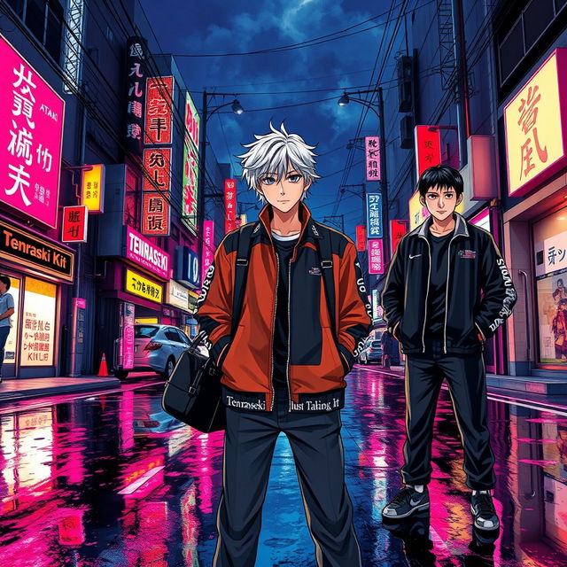 A vibrant poster titled 'Gan Ana Ki' (ガンアナキ), showcasing a rain-slick Shinjuku backstreet at night, illuminated by glowing neon signs in vivid pinks, blues, and deep reds reflected on the wet pavement