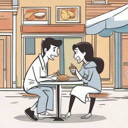 A charming cartoon of a college-aged couple facing each other, excitedly enjoying vadapav, a popular Indian street fare