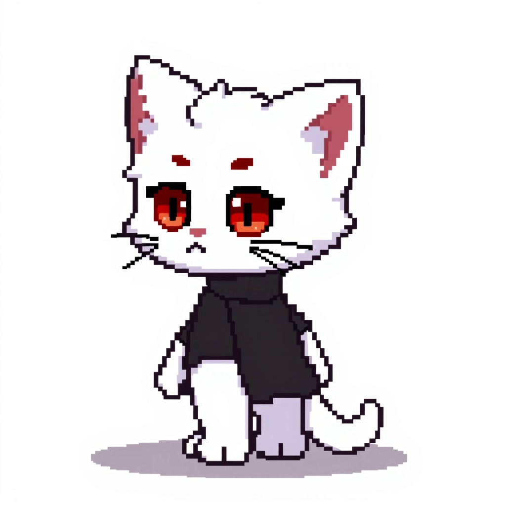 An anthropomorphic pixel chibi kitten, white fur with red eyes, dressed in a black chef's outfit, viewed from the front, in a 128x128 pixel art style, designed for a mobile game