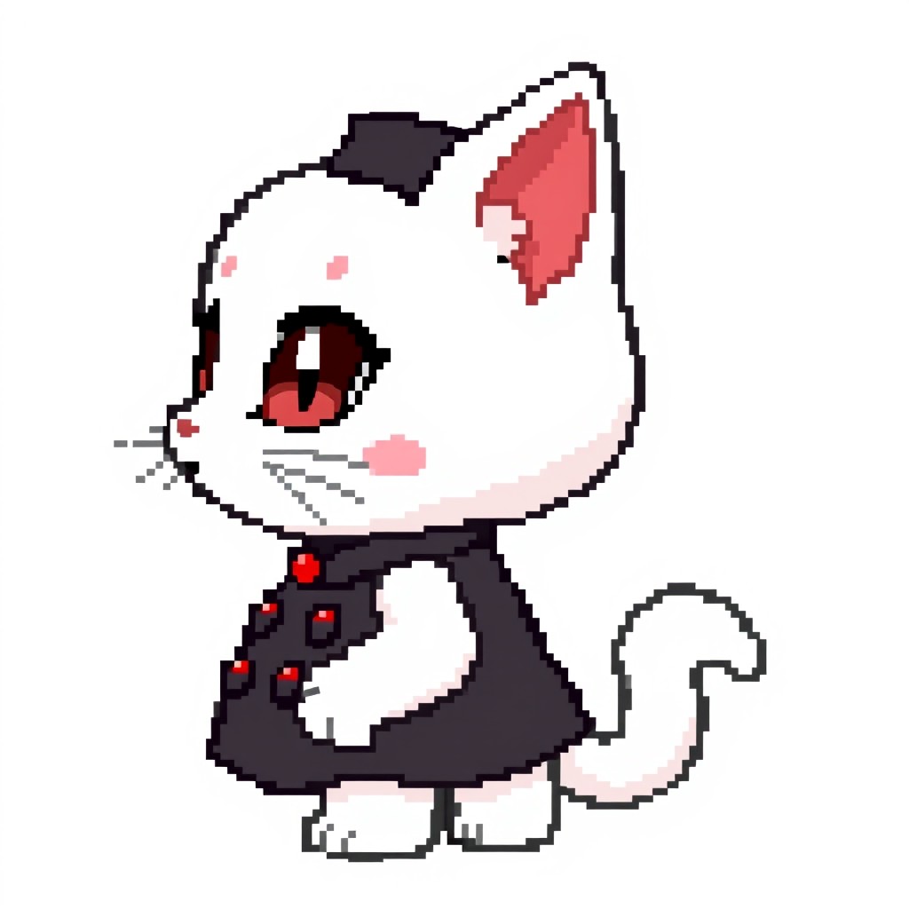 An anthropomorphic pixel chibi kitten, white fur with red eyes, wearing a black chef's outfit, viewed from the side, in a 128x128 pixel art style, designed for a mobile game
