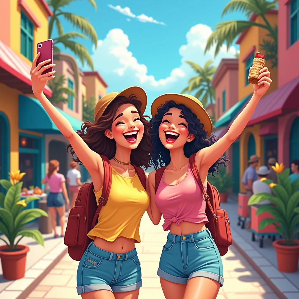 A captivating illustration of two best friends on a joyous vacation