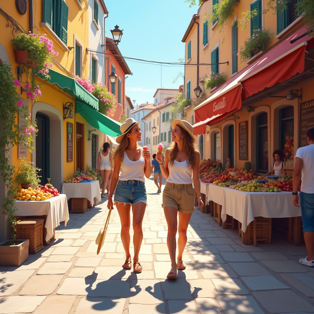 An engaging depiction of two friends on vacation in a bustling Mediterranean town
