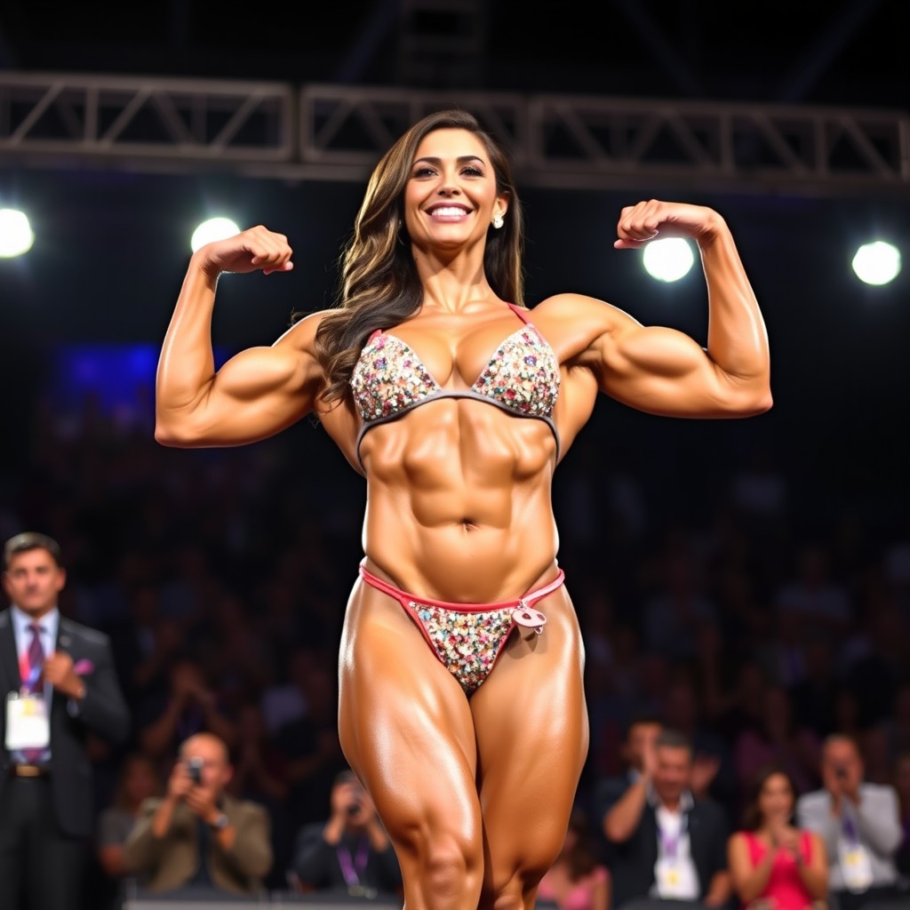 A muscular female bodybuilder, Sahar Rahmani, standing proudly on stage after winning first place