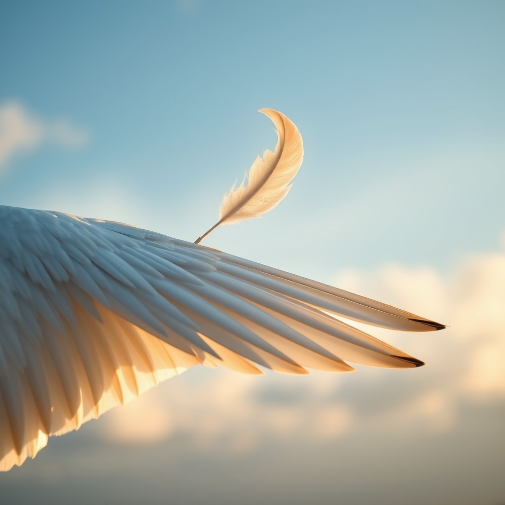 A close-up of a left wing of a white bird, elegantly shedding a feather that floats gracefully in the air