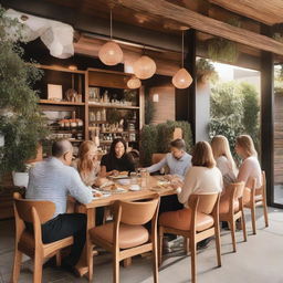 A bustling cafe scene featuring a fire-inspired, natural color teak wood dining chair, filled with a multitude of visitors enjoying their time.