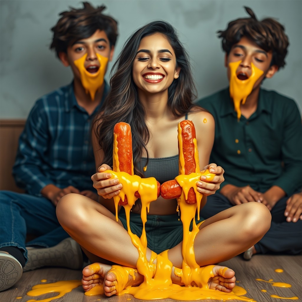A hot Pakistani young woman, 18 years old, sitting criss-cross with a joyful smile and her eyes closed, surrounded by men with humorous kielbasa-shaped heads