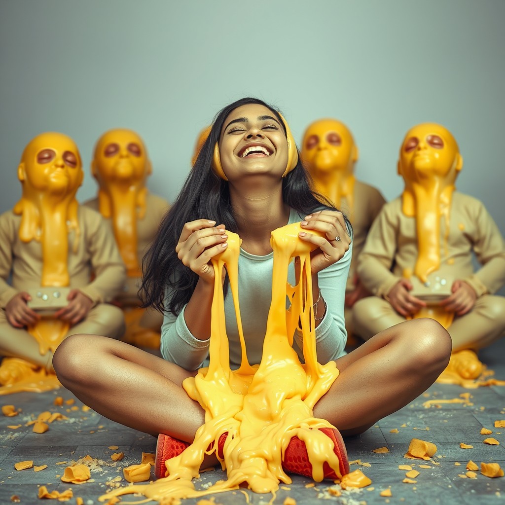 A playful scene featuring a hot Pakistani girl, 18 years old, sitting crisscross on the ground with a joyful smile and her eyes closed