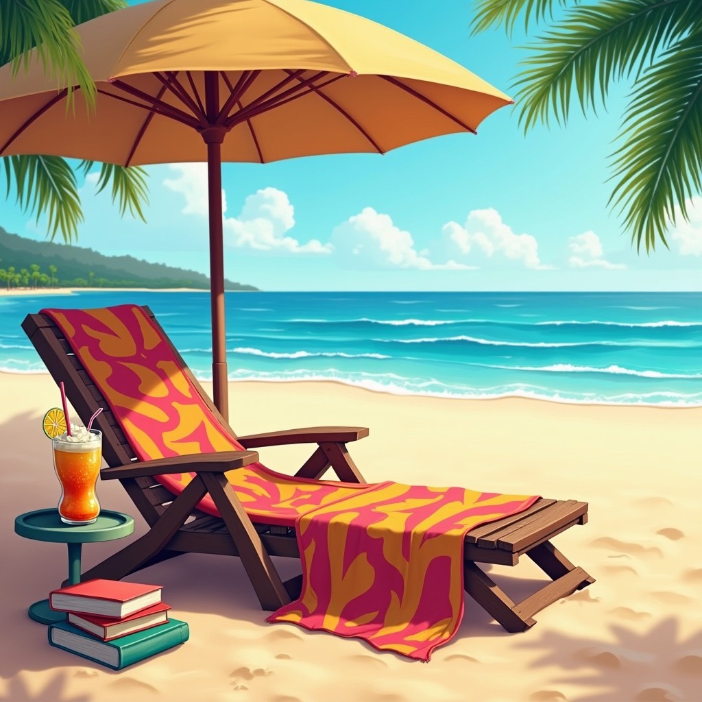 A picturesque beach scene with a cozy reading nook set up on warm golden sand