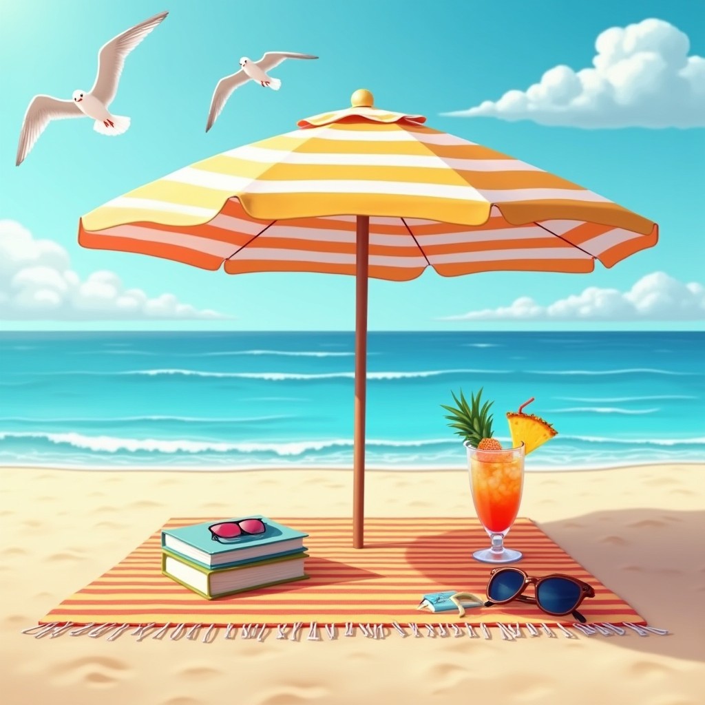 A serene beach setting perfect for reading, featuring a lush, sandy area with a colorful beach blanket spread out under a large, striped sun umbrella