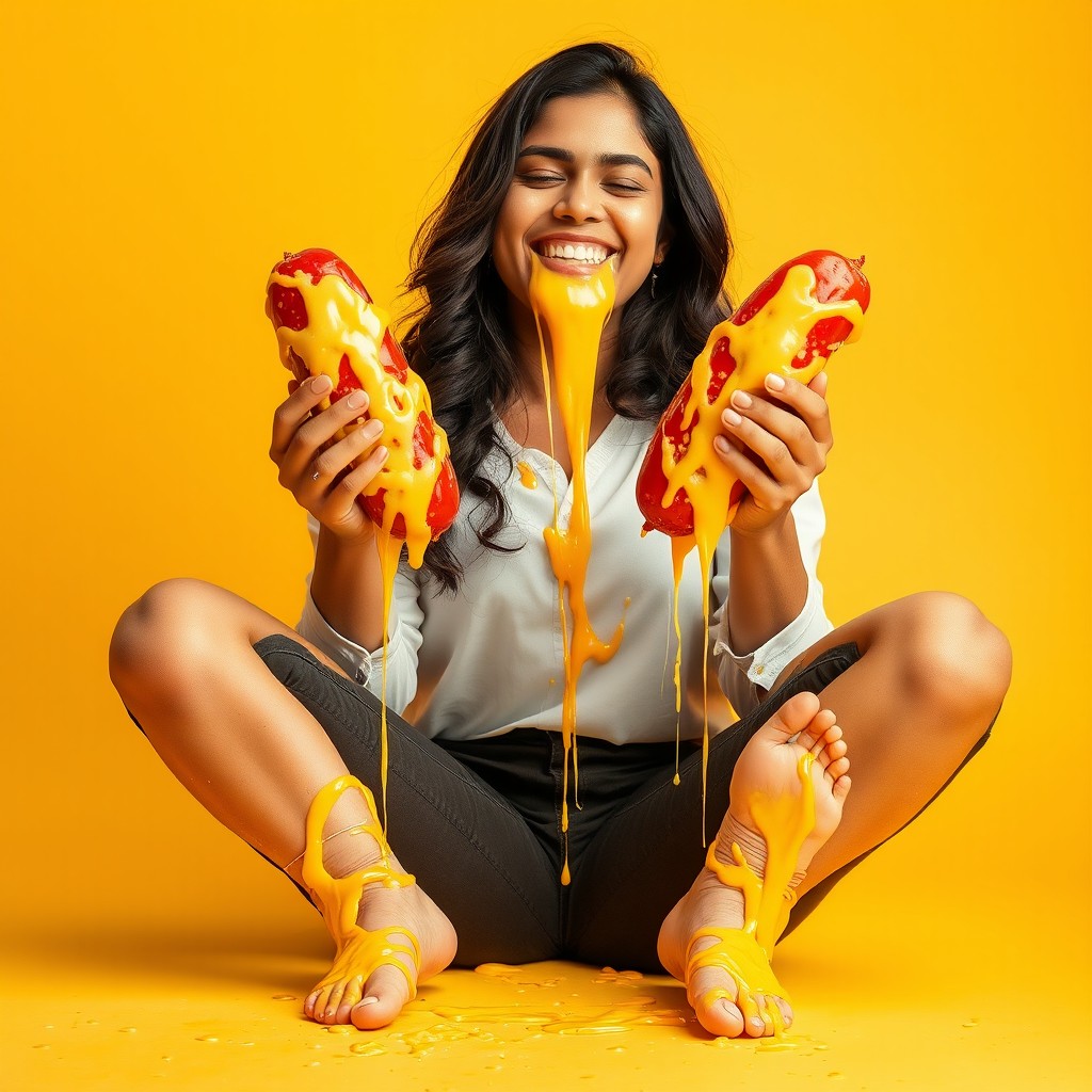 A young Pakistani woman sitting comfortably in a criss-cross position, with a joyful expression and eyes closed, radiating a carefree vibe