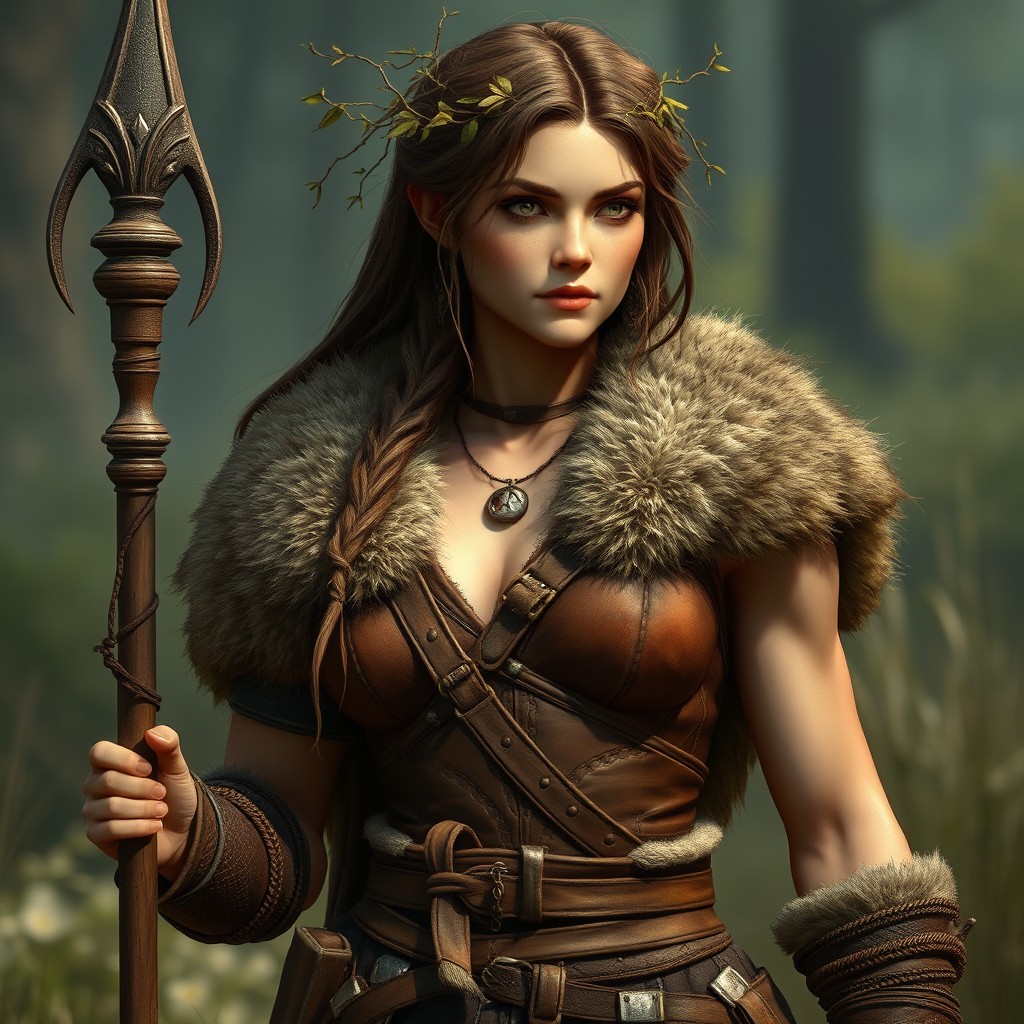 A beautiful female druid of rural origin from Skellige, characterized by a strong muscular build