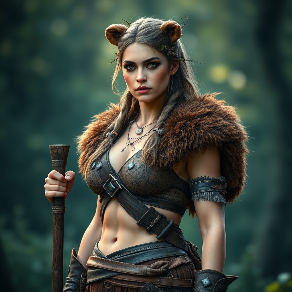 A beautiful female druid of rural origin from Skellige, showcasing a strong muscular build