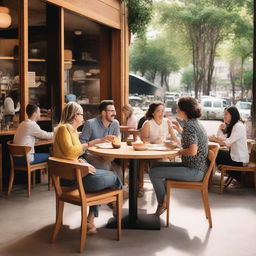 A bustling cafe scene featuring a fire-inspired, natural color teak wood dining chair, filled with a multitude of visitors enjoying their time.