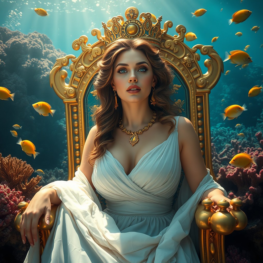 A stunning woman with voluptuous lips, embodying the Greek goddess Amphitrite