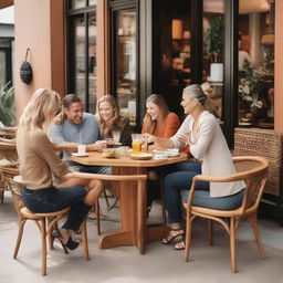 A bustling cafe scene featuring a fire-inspired, natural color teak wood dining chair, filled with a multitude of visitors enjoying their time.