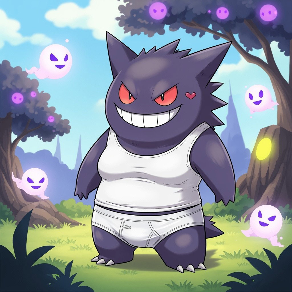 Gengar, the mischievous Ghost-type Pokémon, depicted in a playful and humorous style, wearing a snug white tank top and white underwear