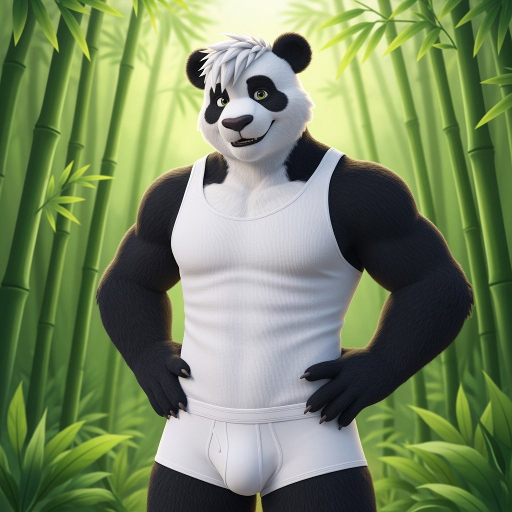 A male panda furry character, depicted in a fun and vibrant style, wearing a snug white tank top and white underwear