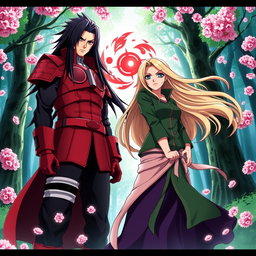 An intense and dramatic scene featuring Madara Uchiha from the anime Naruto, a tall and muscular man with long black hair and red armor, and Tsunade, a beautiful woman with long blonde hair, wearing a traditional green jacket and a purple skirt