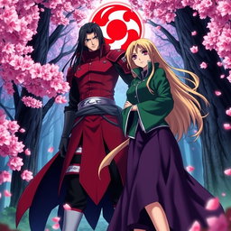 An intense and dramatic scene featuring Madara Uchiha from the anime Naruto, a tall and muscular man with long black hair and red armor, and Tsunade, a beautiful woman with long blonde hair, wearing a traditional green jacket and a purple skirt