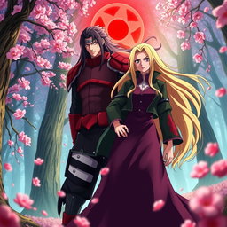 An intense and dramatic scene featuring Madara Uchiha from the anime Naruto, a tall and muscular man with long black hair and red armor, and Tsunade, a beautiful woman with long blonde hair, wearing a traditional green jacket and a purple skirt
