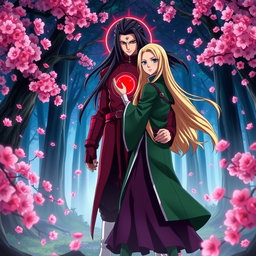 An intense and dramatic scene featuring Madara Uchiha from the anime Naruto, a tall and muscular man with long black hair and red armor, and Tsunade, a beautiful woman with long blonde hair, wearing a traditional green jacket and a purple skirt