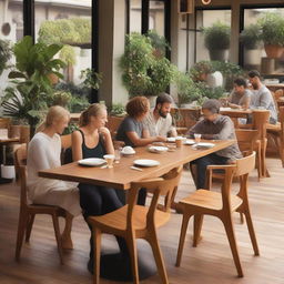 A bustling cafe scene featuring a fire-inspired, natural color teak wood dining chair, filled with a multitude of visitors enjoying their time.