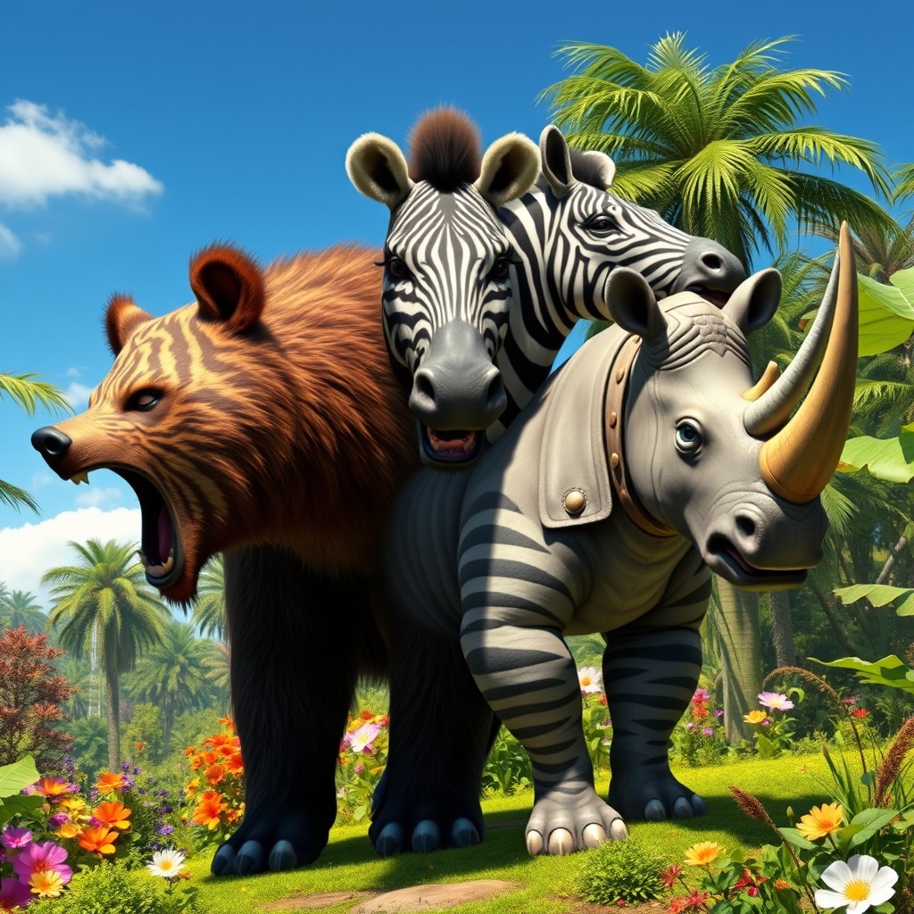 A fantastical creature that is a combination of a bear, zebra, and rhino, featuring three heads - one resembling a bear, one like a zebra with its distinctive black and white stripes, and one with the tough, armored features of a rhino