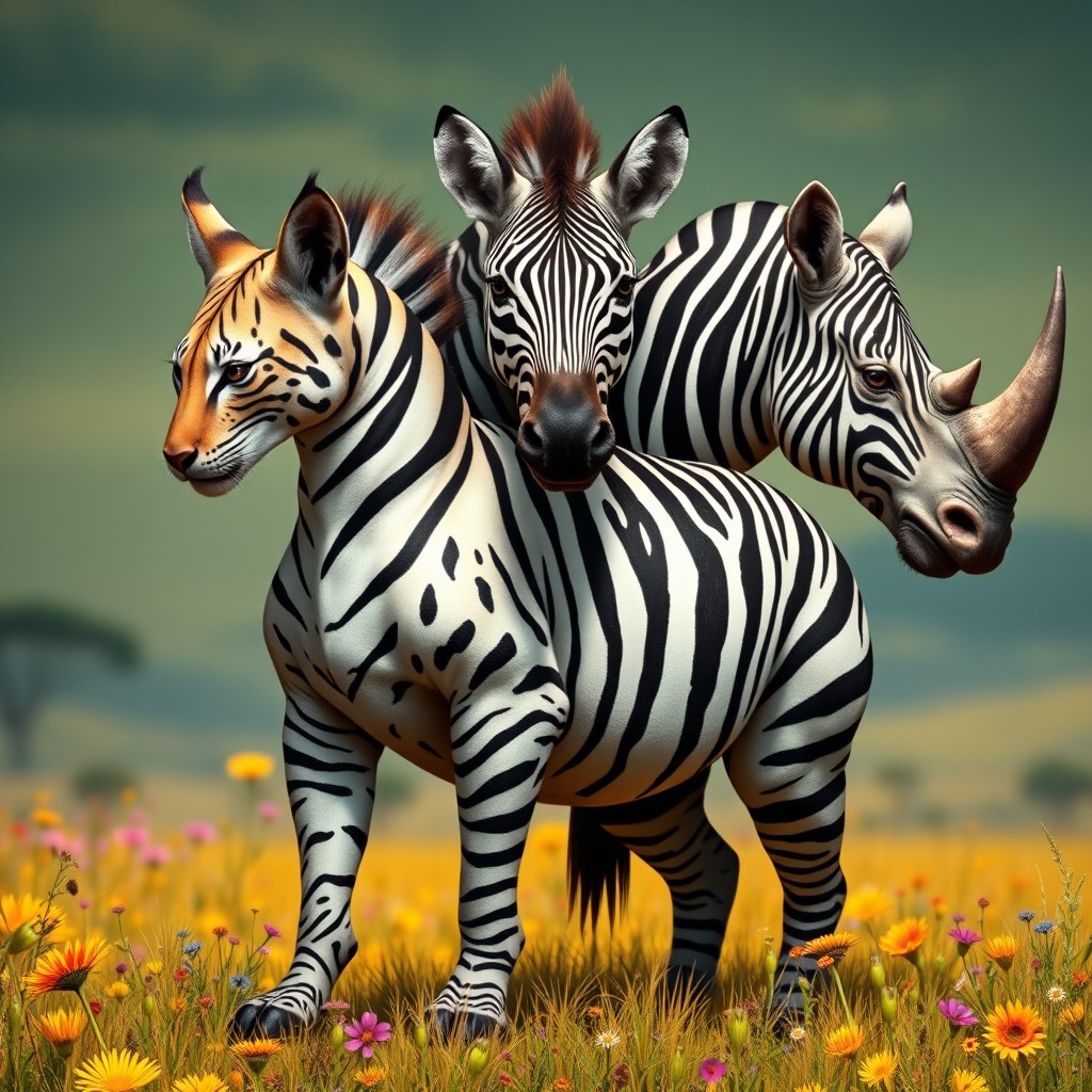 A fantastical creature featuring a three-headed lynx, zebra, and rhinoceros hybrid