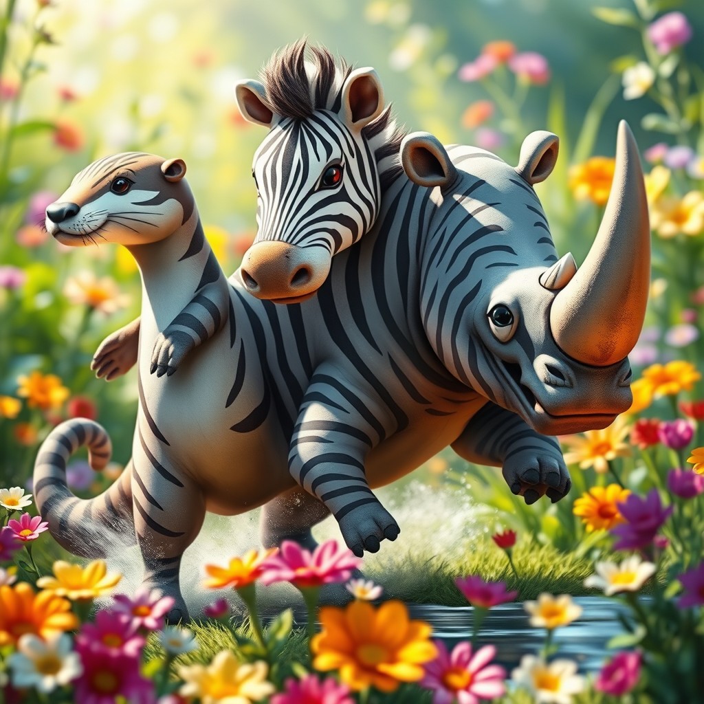 A whimsical, fantastical creature that combines an otter, zebra, and rhino, featuring three heads