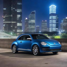 Indigo blue Volkswagen New Beetle standing on a parking garage at nighttime, with the illuminated Tokyo skyline serving as the vibrant backdrop.