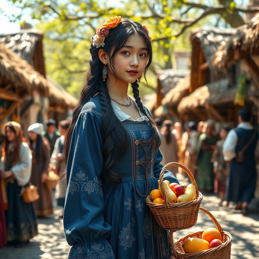 An Asian girl dressed in beautiful medieval European attire, standing in a vibrant, bustling medieval marketplace
