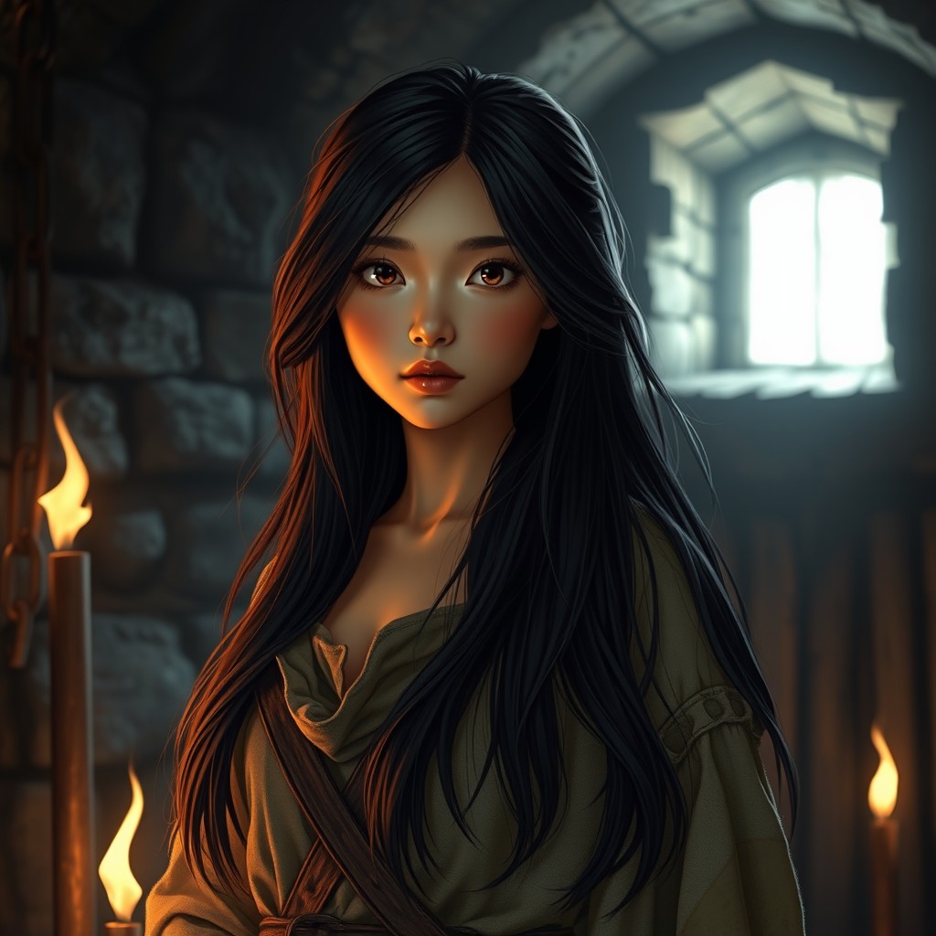 A beautiful Asian girl with long, flowing black hair and expressive brown eyes, dressed in tattered medieval clothing that hints at her struggle