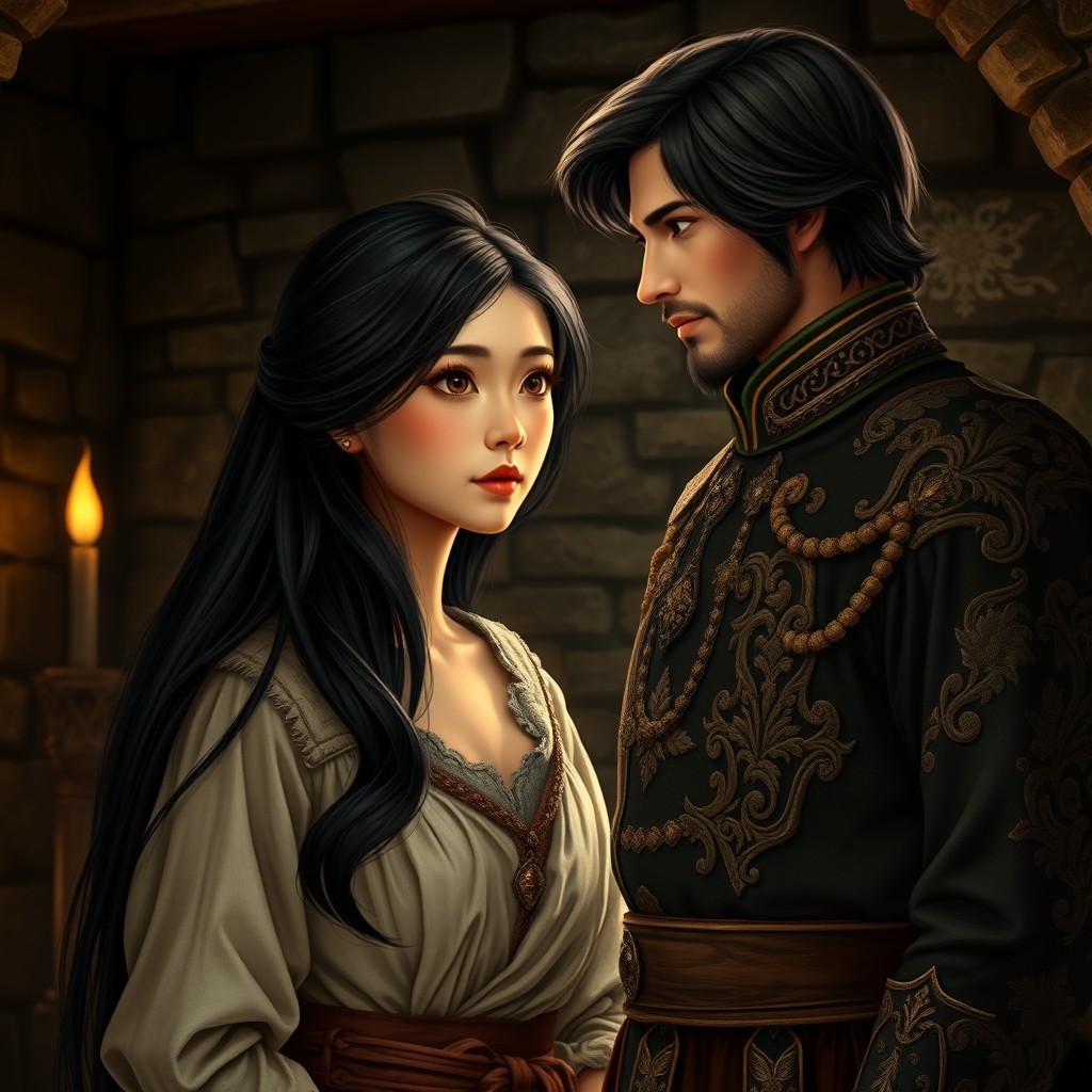 A beautiful Asian girl with long, silky black hair and captivating brown eyes, dressed in tattered medieval attire, appearing both hopeful and determined